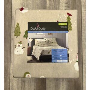 Cuddl Duds KING Size 4 pc soft Flannel sheet set Tree Snowman Print Tan NWT